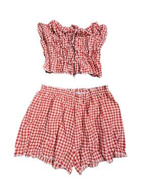 NWOT | Red Gingham 2 Piece Smocked Tube Top & Ruffle Shorts Set Picnic | Large